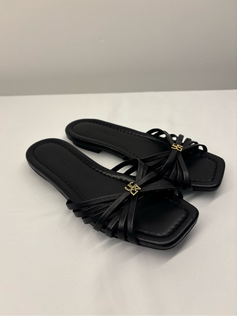 Ulla Johnson Black Strappy Square-Toe Slide Sandals with Gold Logo